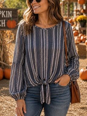 Keep In Touch L Striped Tied Front Top